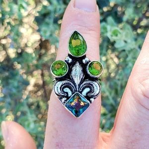 ***Sale*** New Mystic Topaz & Peridot Fleur-de-lis 925 Silver Ring.